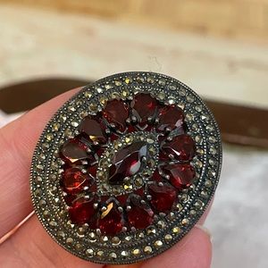 Vintage Garnet earrings and pin set in SS with Marcasite. Large pin pear stones.